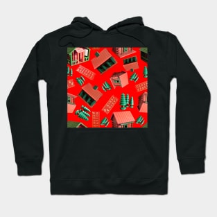 Jovielle Forest Birdhouses Tossed on Bright Red Hoodie